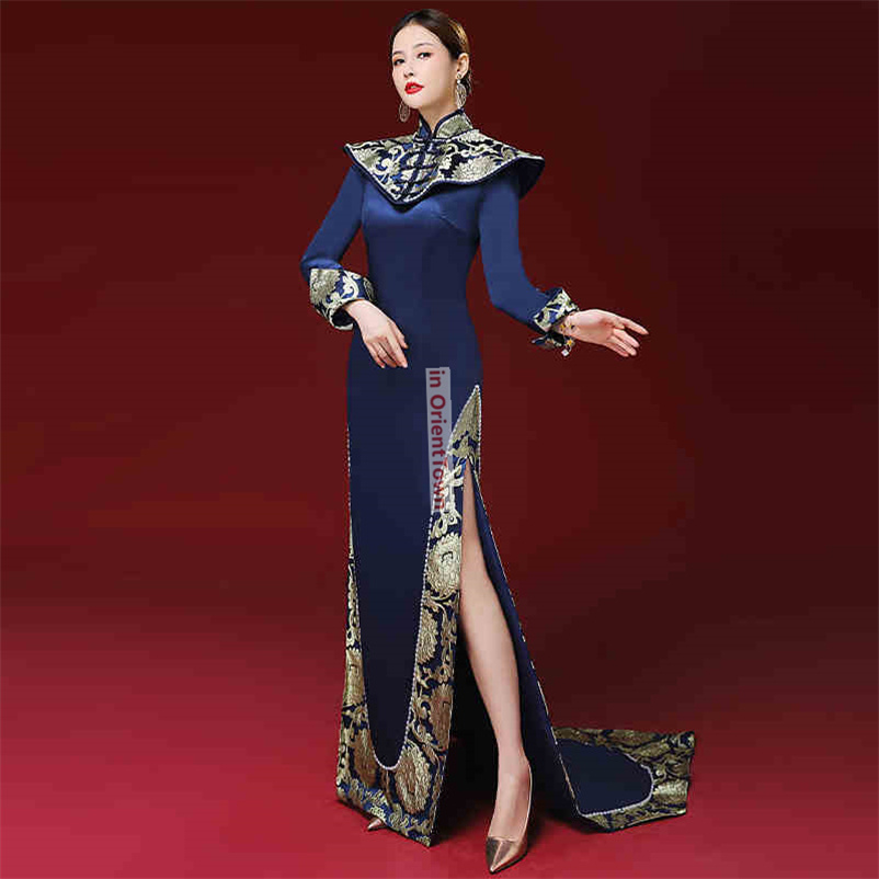 Chinese Style Model Blue Cheongsam Red Carpet Show Clothing High End Tailing Performance Costume Host Banquet Evening Dress