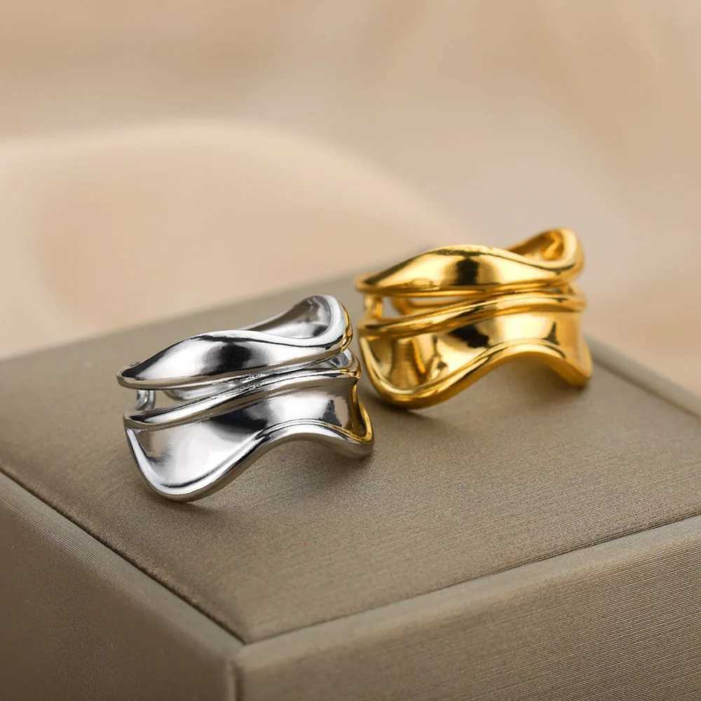 Luxury Wide Wave Rings for Women Gold Color Stainless Steel Ring 2024 Trend Elegant Aesthetic Couple Jewelry Gift rings woman W250207