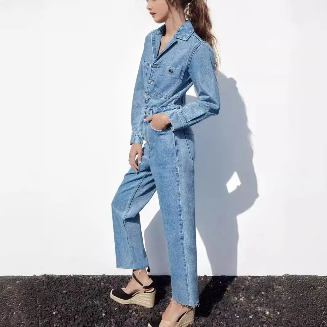 Denim One Piece Women Jumpsuits Turn Down Collar Full Sleeve Slim Fit Tight Waist Wide Leg Long Pants Overalls Casual Rompers 250206