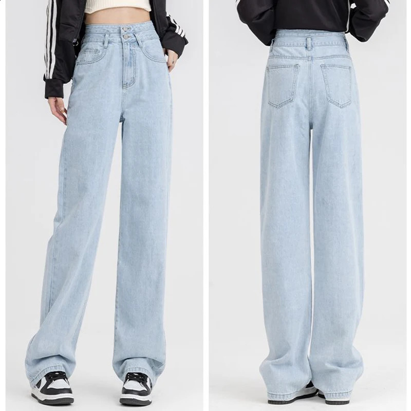 Woman Chic Double Buckle High Waist Jeans Girls Harajuku Wide Leg Casual Pants Female Korean Fashion Straight Denim Trousers 250206