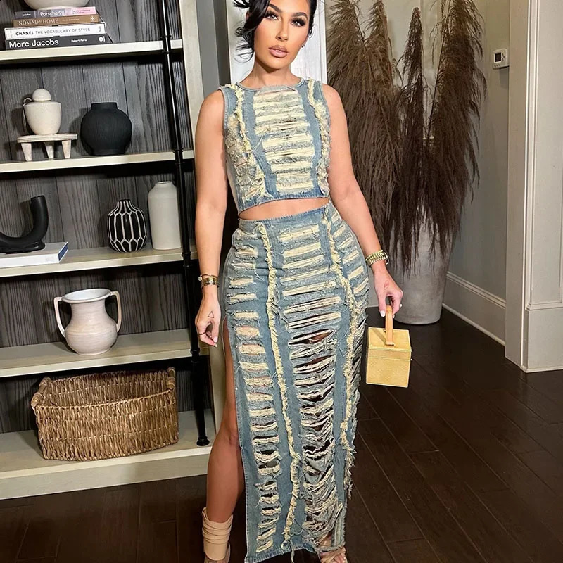 Streetwear Ripped Hole Denim Two Piece Set for Women Y2K Birthday Outfits Sleeveless Crop Top and Side Slit Long Skirt Sets Jean 250207