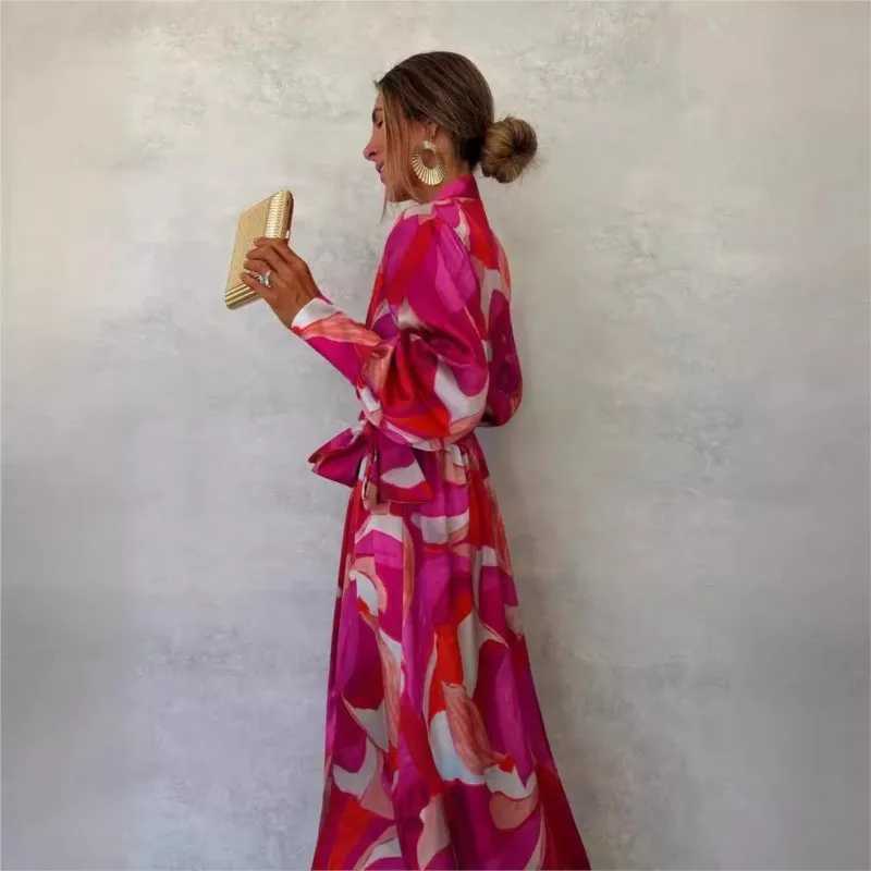 Pink Printed Womens Long Sved Dress Autumn New V-neck Cross Tie Lantern Sve Irregular Womens Long Dress 2024 VestidoXJ2500207