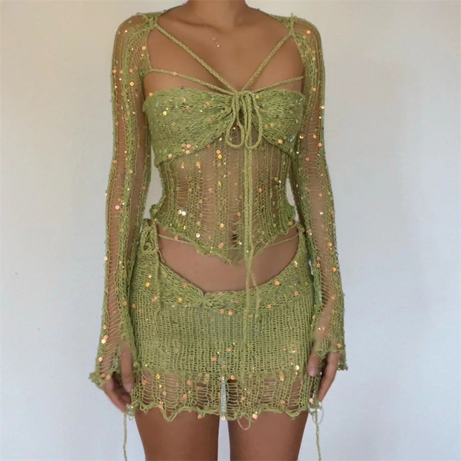 Womens Glitter Sequins Knitted Skirt Sets Sexy 3 Piece Outfit Vacation Festival Clothing See Through Top and Mini Skirts Set 250206