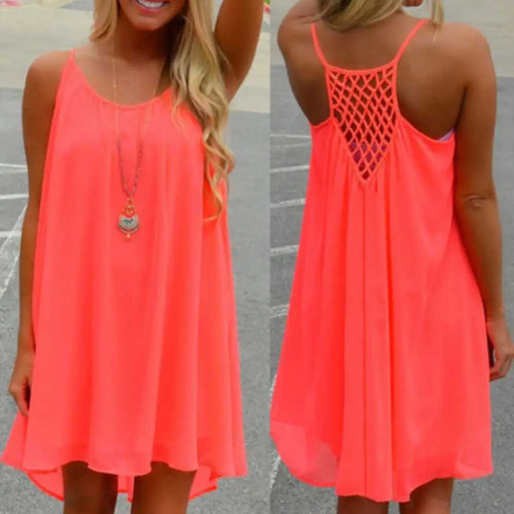Women Summer Solid Color Sveless Grids Backless Large Hem Sling Mini Dress Fe Plus Size Dress Fashion Clothing VestidosXJ2500207