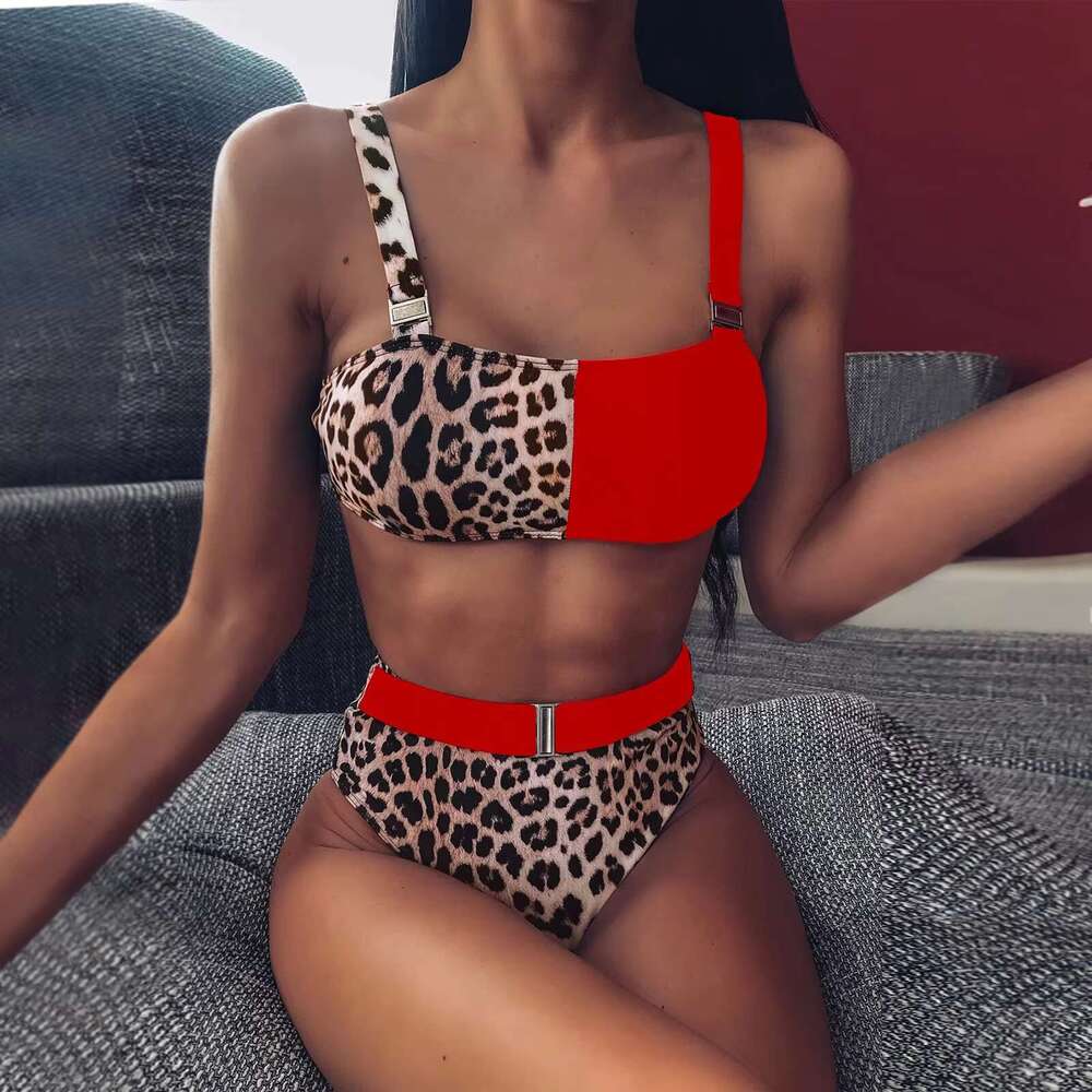 Sexy Swimsuits For Womens Color Splicing Printed High Waisted Two Pieces Bikinis Casual Beachwear Big Breast Fit Bathing Suit