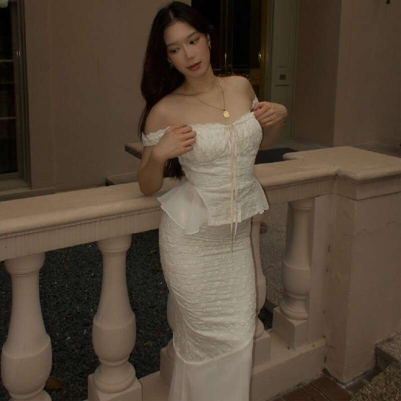 Summer Ins Style Square Collar Lace Top High Waist and Slimming Fishtail Skirt Set for Women 2025 New Casual Fashion Trendy Clothing