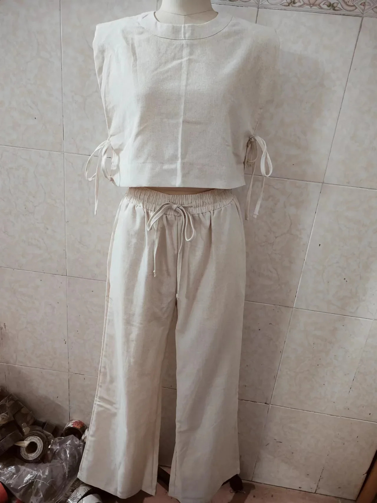 Fashion 2 Piece Sets Women Outfits Shoulder Pad Sleeveless Top Pants Sets Casual Cotton and Linen Womens Suit 2024 Summer 250107