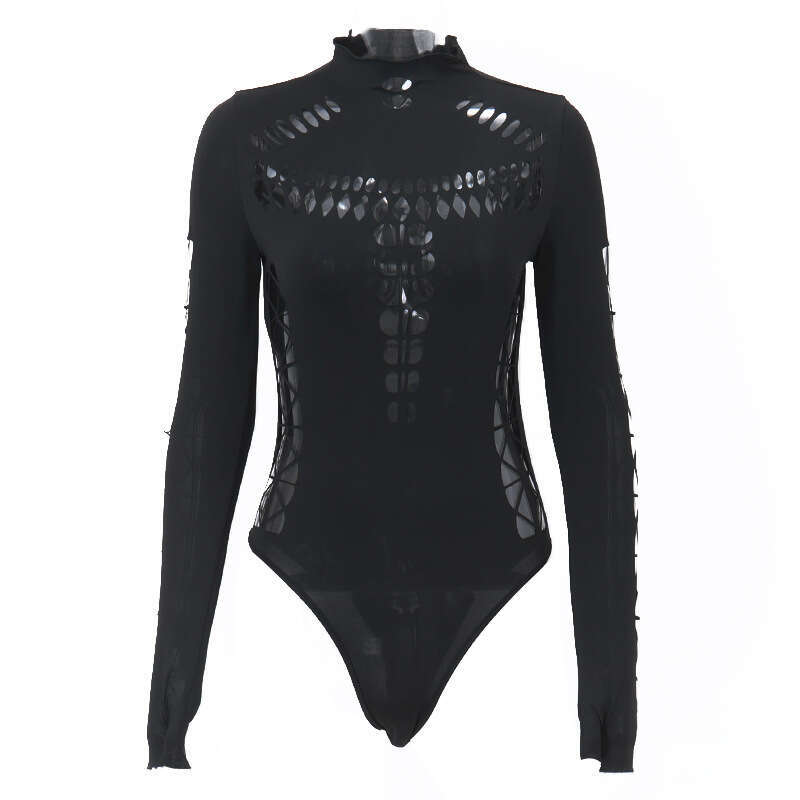 European and American 2025 Spring Hot Girl Hollow out Piercing Spider Web High Collar Slimming jumpuit for Women' Temperament Veratile New Trendy