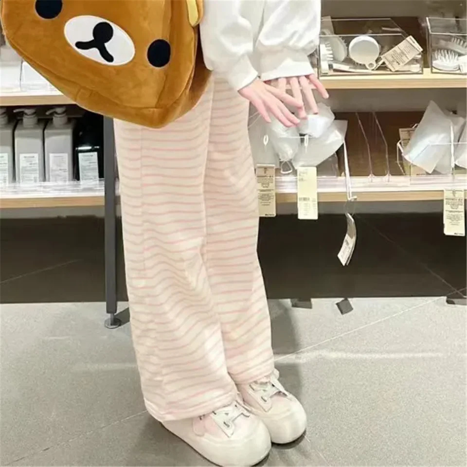 Cute Y2K Striped Pants Women Kawaii Sweet Harajuku Fleece Sports Korean Fashion Sweatpants Girly Basic Cartoon Japanese Trousers 250206
