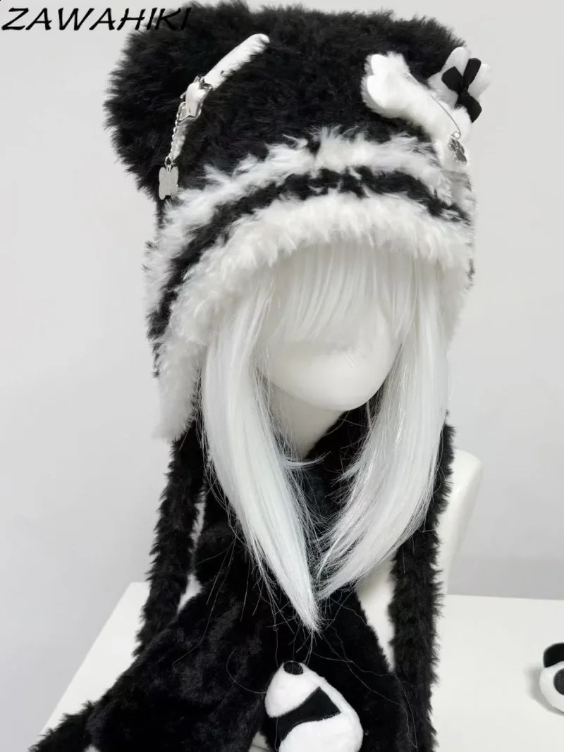 Japanese Knit Hat for Women Chains Belt Fur Hats Contrast Color Keep Warm Caps Female Fashion Cute Gorras Invierno Mujer 250120