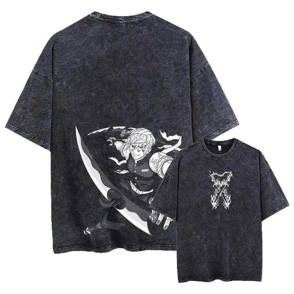 Printed Washed Tshirt Anime Demon Slayer Cotton Men Vintage Washed T-Shirt Graphic Tshirt Streetwear Tees Summer Casual ClothesT250207