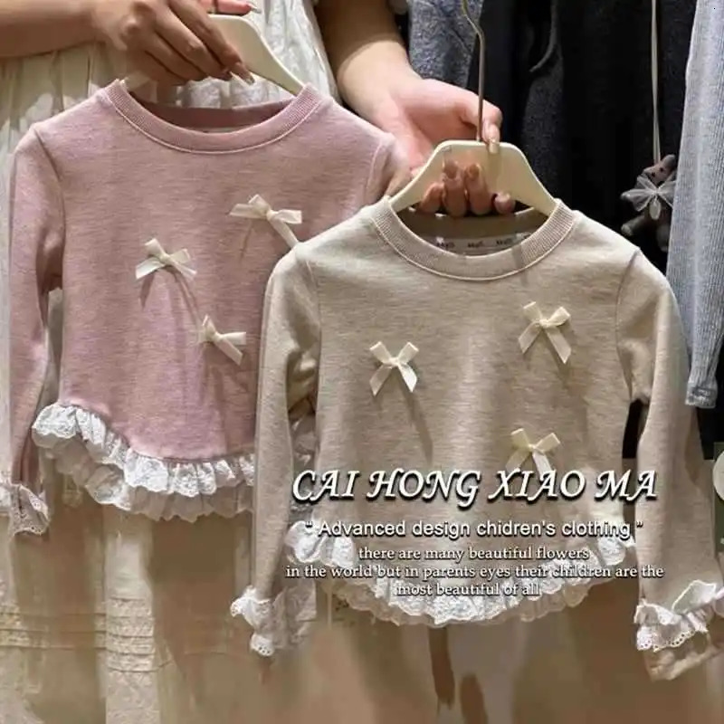 Korean Spring Autumn Kid Girls Long Sleeved T-shirt Lace Bottom Bow Splicing Children Girls Tops Solid Stretch Baby Girl Shirt 250207