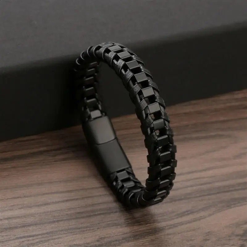 Jiayiqi Punk Men Jewelry Black Braided Leather Bracelet Stainless Steel Magnetic Clasp Fashion Bangles Wholesale Customize 250206