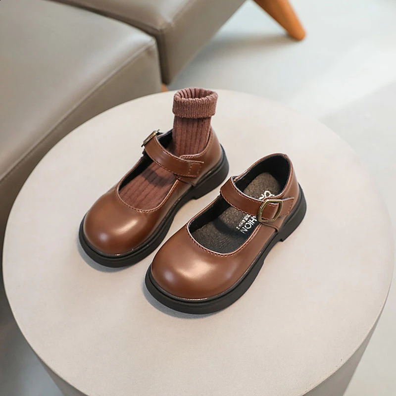 Children Fashion Girls Leather Shoes Versatile Soft Spring and Autumn Black UK Uniform School Shoes Round-toe Brown PU 250206