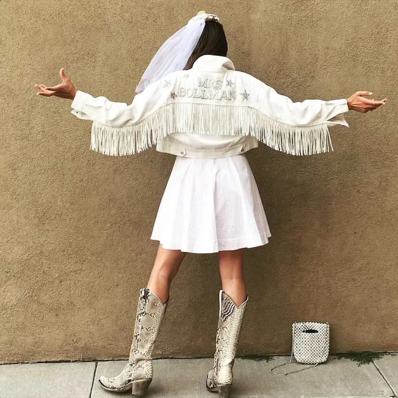 White Fringe Pearl Rhinestone Denim Jacket with Stars Nashville Bachelorette Western Bride Custom Bride Jacket Personalized 250121