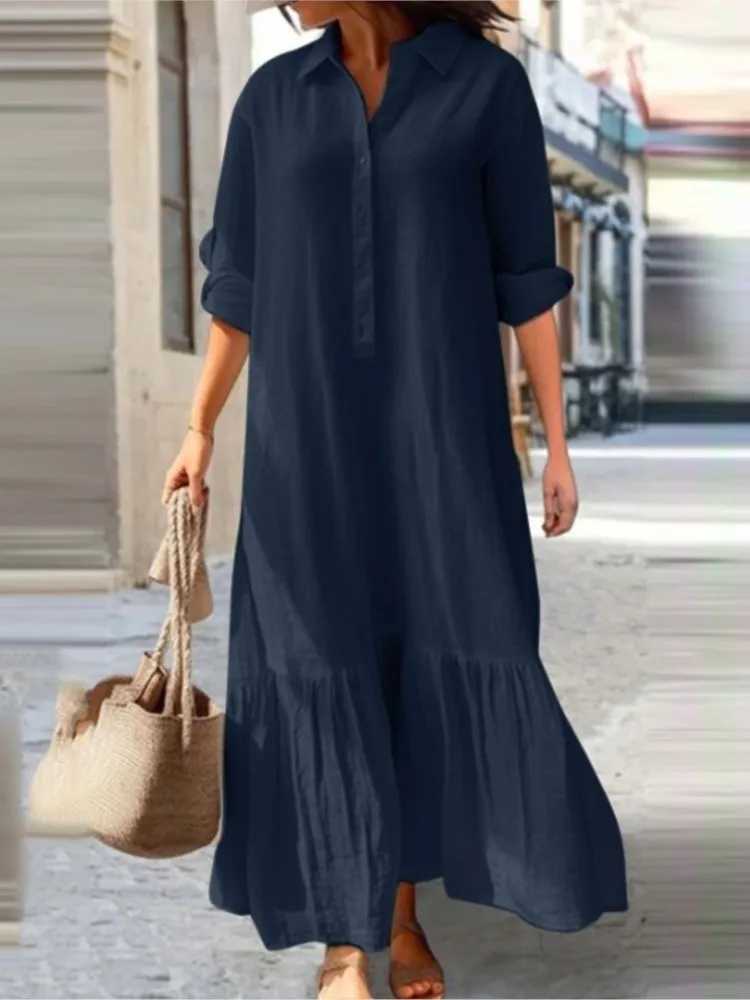Cotton Linen Long Dress Women Long Sve Button Solid Color Casual Ruffles Loose Dresses Spring Autumn Comfortable Shirt DressXJ2500207