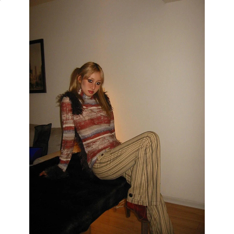 Womens Y2k Striped Pants Baggy Streetwear Harajuku Japanese 2000s Style Jogger 90s Vintage Trousers Fashion Clothes 250206