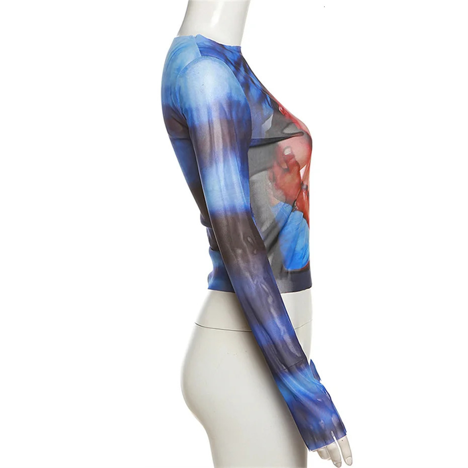 10pcs Bulk Items Wholesale Printed Sexy Mesh See Through Crop Top Women Clothing Fall Long Sleeve T Shirt Tops Y2k B12837 250206