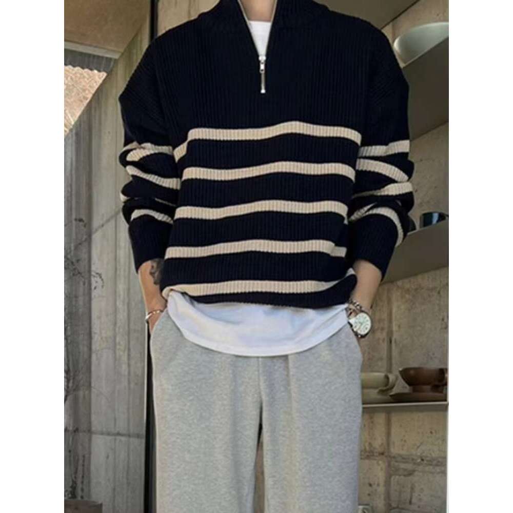 Men's Clothing Business Zip-up Knit Sweater Male Coat Zipper Striped Jacket Collared Pullovers Cheap T Shirt Korean Fashion Neck