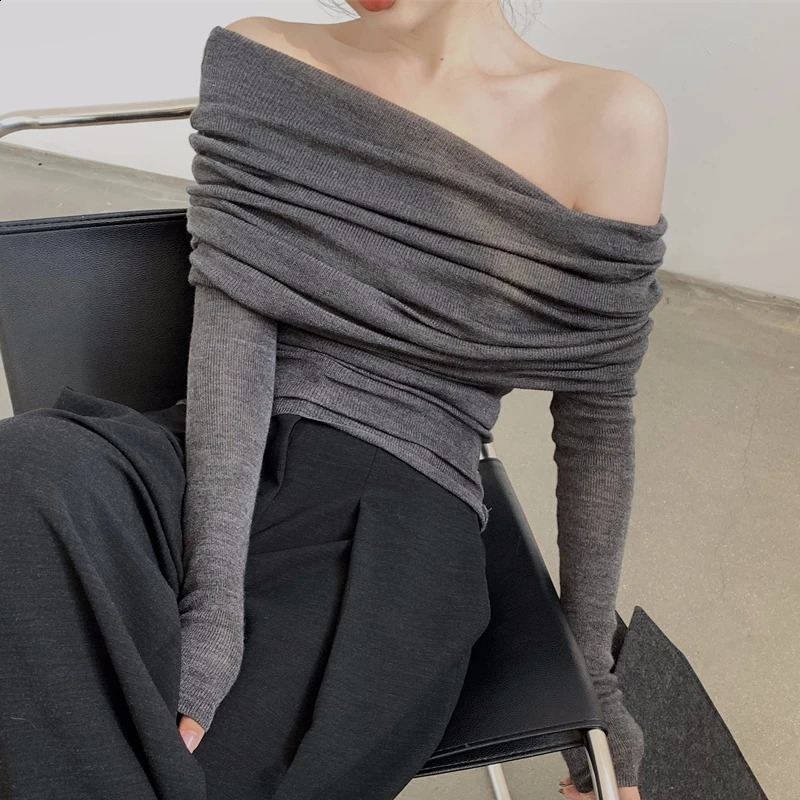 Elegant Fashion Off Shoulder Women Blouse Pile Collar Knitted Shirt Ladies Office Casual Undershirt Gray Tops Mujer Blusas 250107