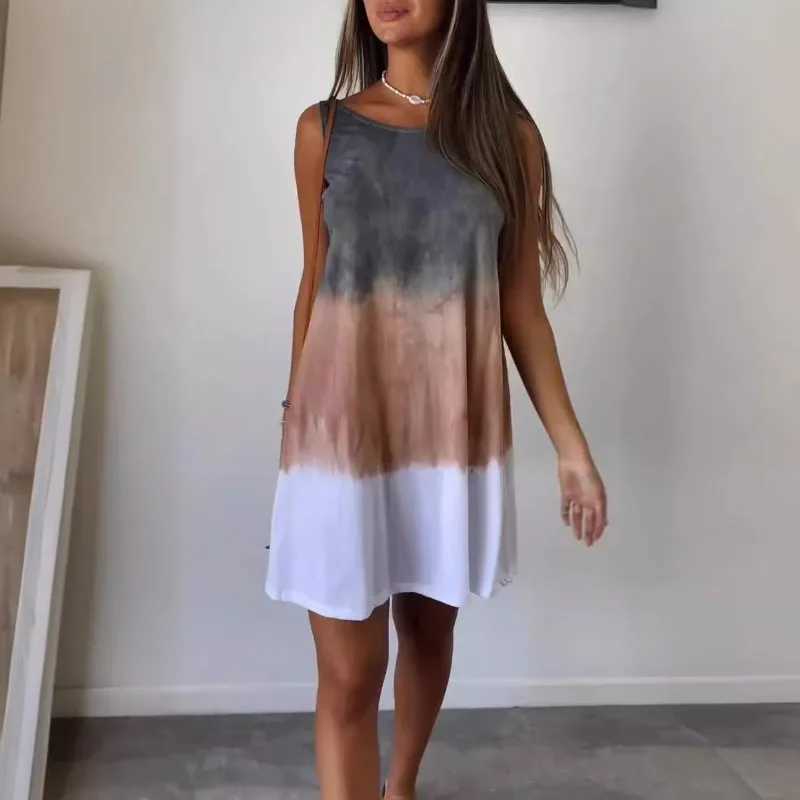 2024 Summer Round Neck Dress for Women Tie Dye Sveless Dresses Fashion Loose Simple Vacation Ladies Casual Wear Robe FemmeXJ2500207
