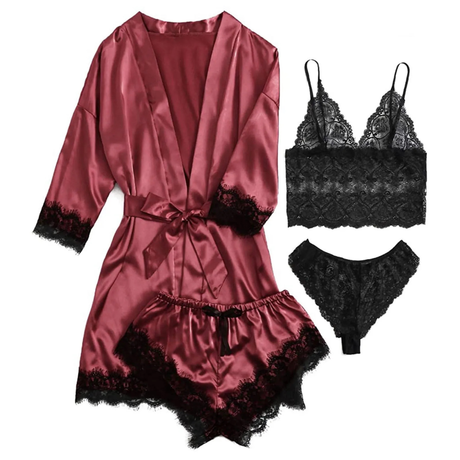 Women Silk Satin Pajamas Set 4pcs Lingerie Floral Lace Sleepwear With Robe Nightgown Long 250207