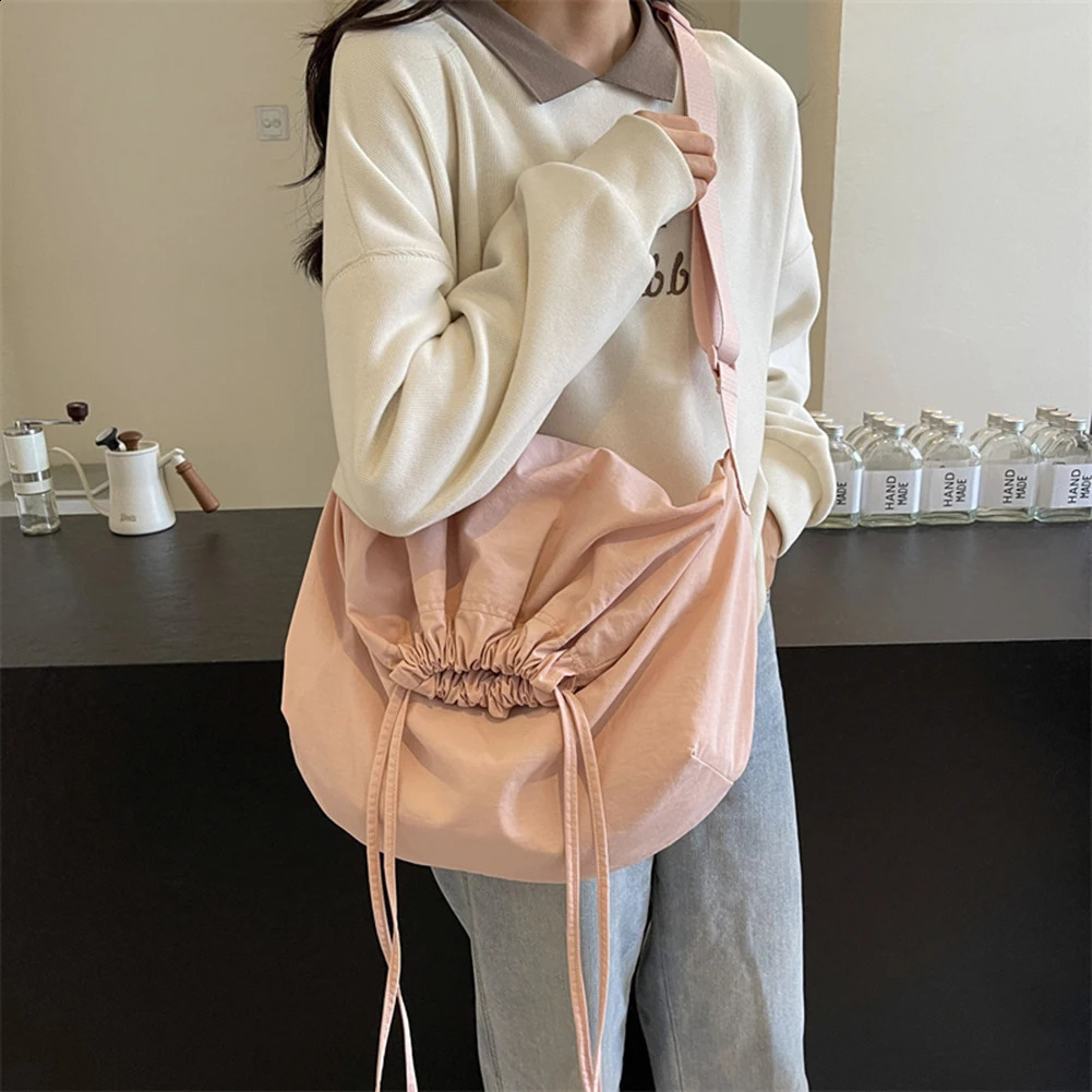 Women Drawstring Shoulder Bag Large Capacity Simple Crossbody Solid Color Lightweight Shopping Girls Outdoor 250206