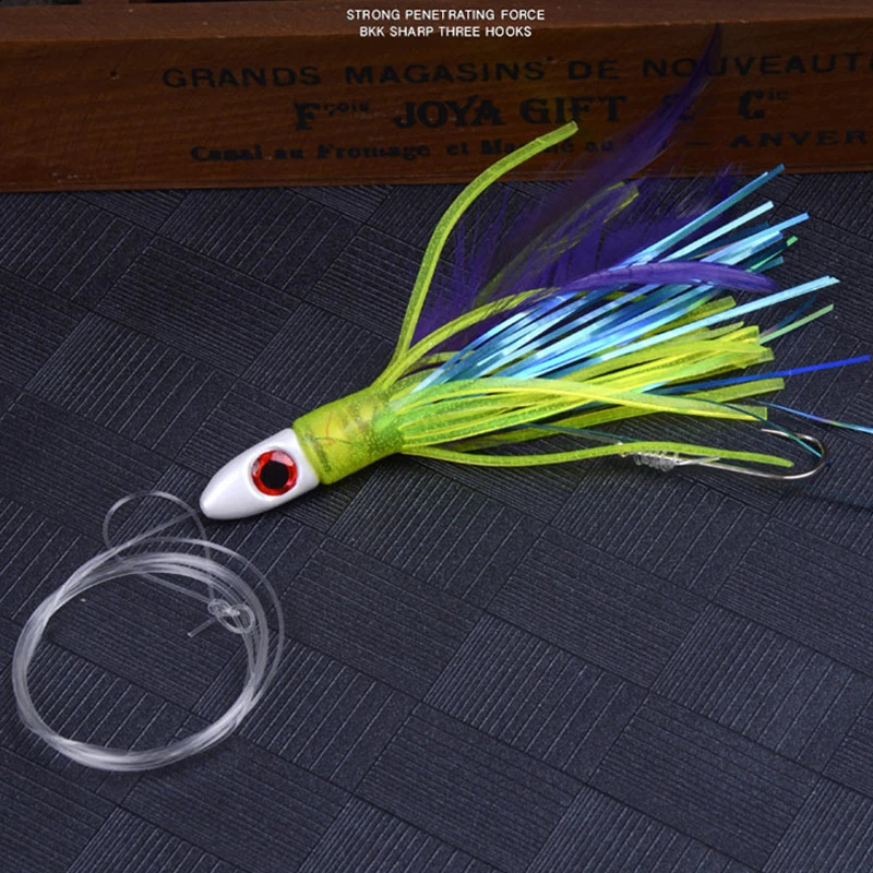 1PC Fishing Bait with Metal Head Line Squid Skirt Feather Lure Tied Up Saltwater Octopus Trolling Accessories 250207