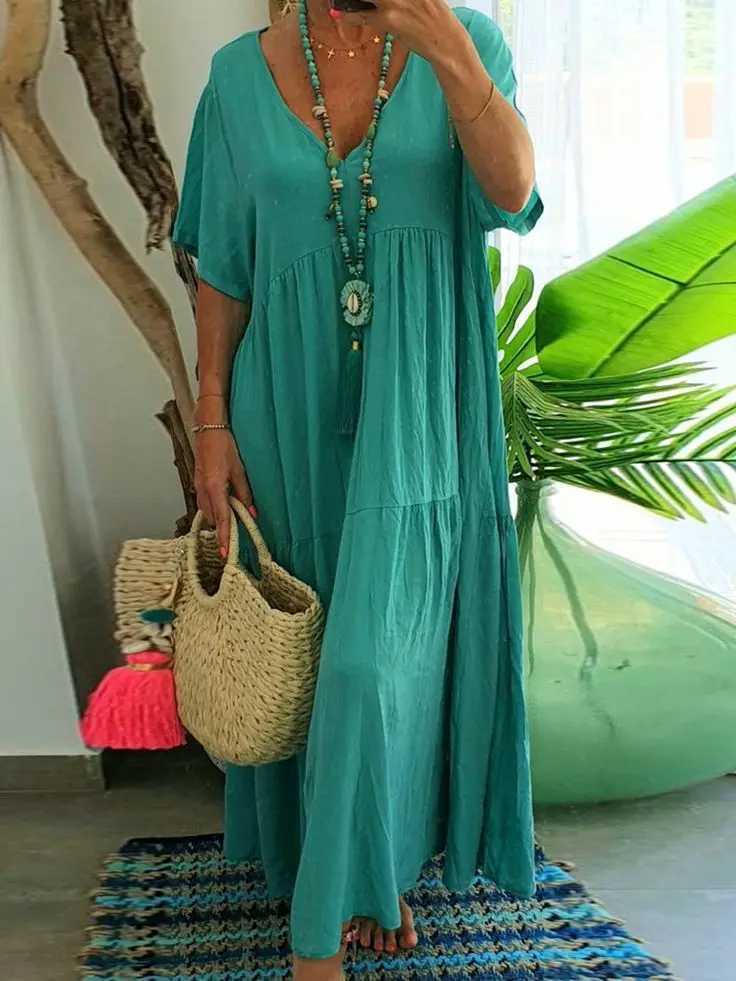 Summer New Casual Solid Color Cotton Hemp Short Sve Long Womens Dress Simple Loose Beach Maxi Fe Fashion Dresses 2023XJ2500207