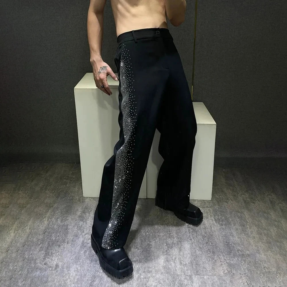 Mens Trousers Y2k Diamond Casual Pants Autumn Streetwear Fashion Campus Performance All-Match Wide-Leg Pants MenS Clothing 250206