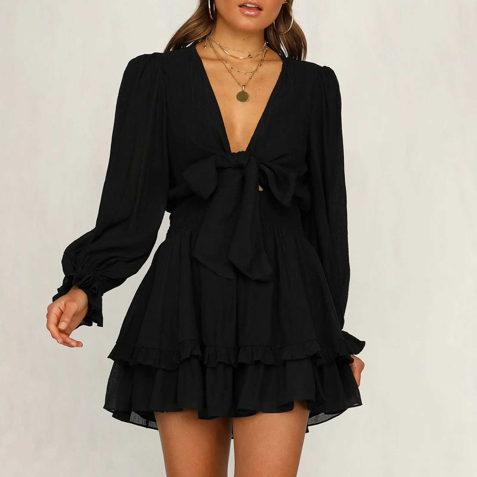 Womens Summer Fall Dress Sexy Lace-Up Deep V Neck Long Puff Sve Waist Tierred Flounced Edge Short Dress Loose Ele DressXJ2500207