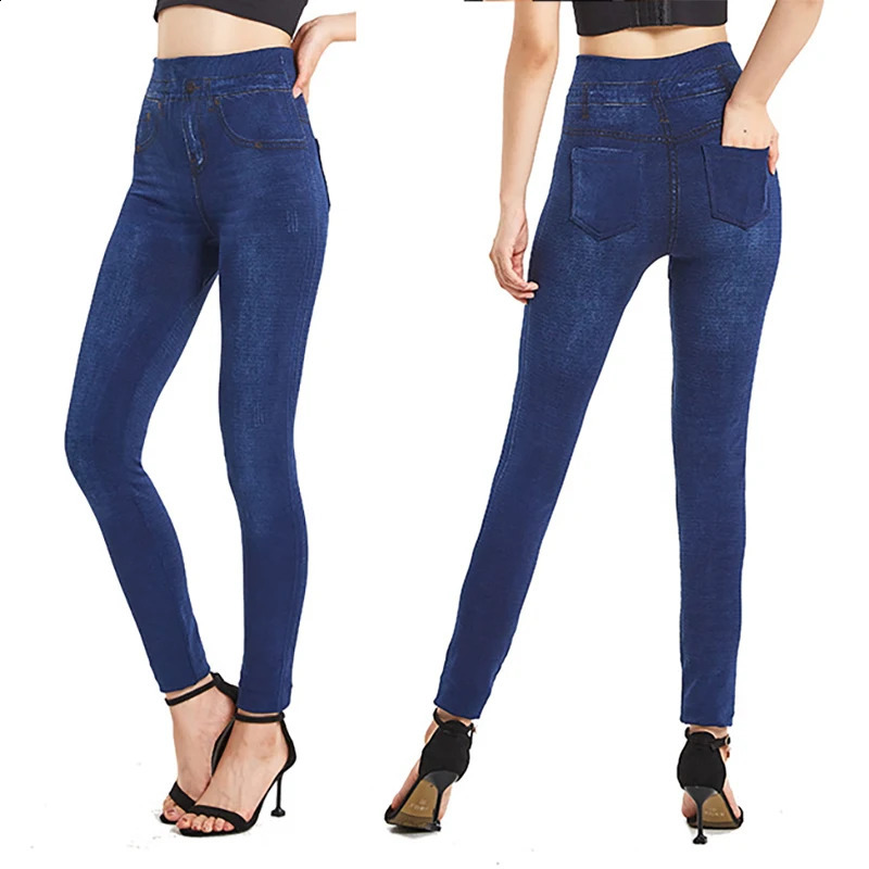 VISNXGI Stretchy Solid Color Plus Size Jeggings Fashion False Jeans Women Tight Seamless Pocket Leggings Soft Pencil Pants 250206