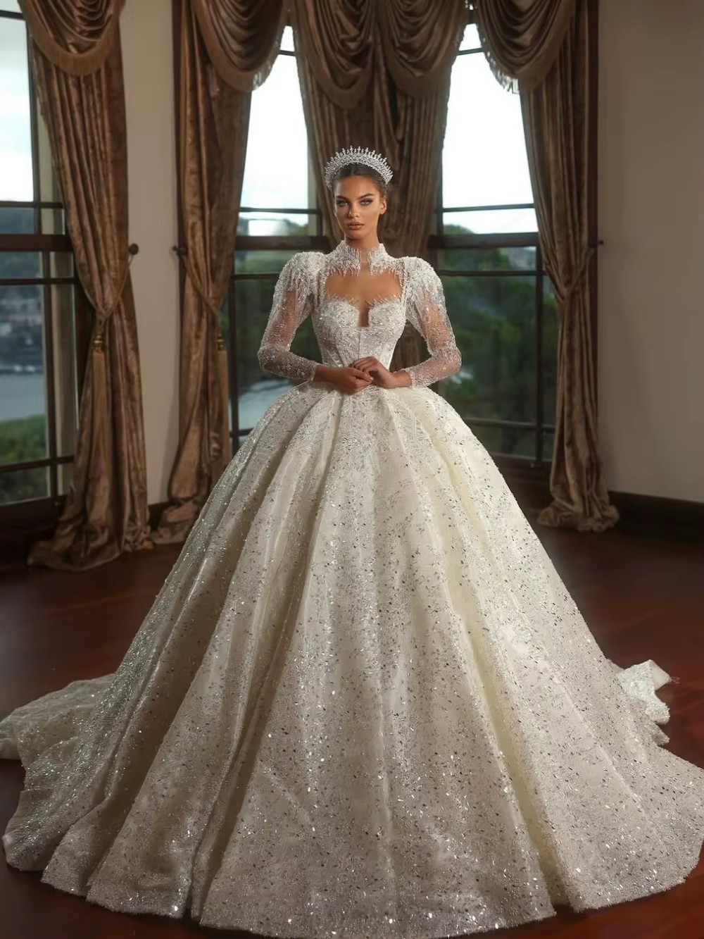 Vintage Women Wedding High Collar Long Sleeves Bridal Gowns Sequins Appliques Sweep Train Dress Custom Made vestidos de novia
