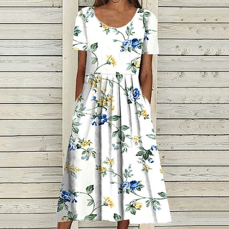 Summer Mid Waist Round Neck Printed Large Swing Women's Dress 2024 New Casual Fashion Trendy Clothing