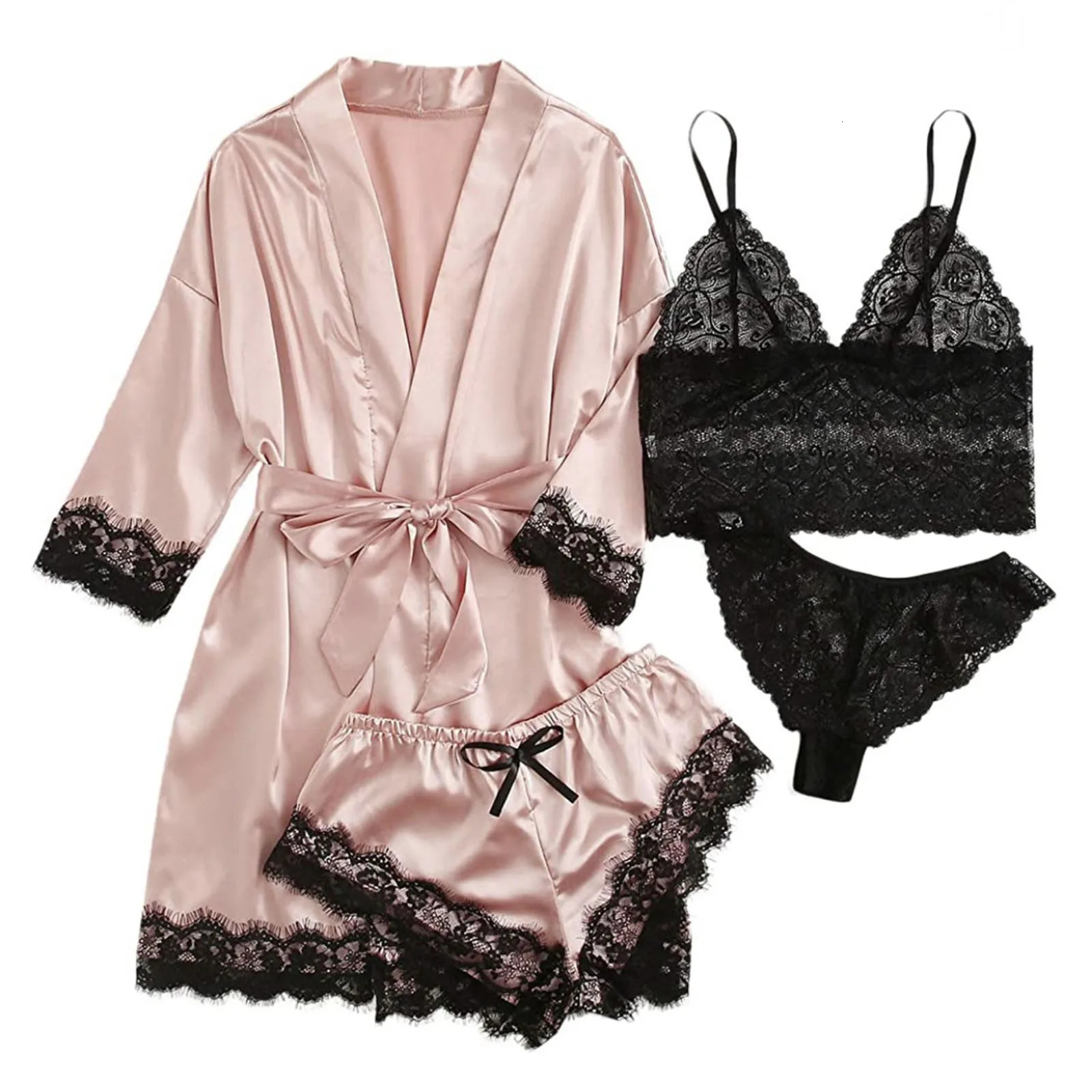 Women Silk Satin Pajamas Set 4pcs Lingerie Floral Lace Sleepwear With Robe Nightgown Long 250207