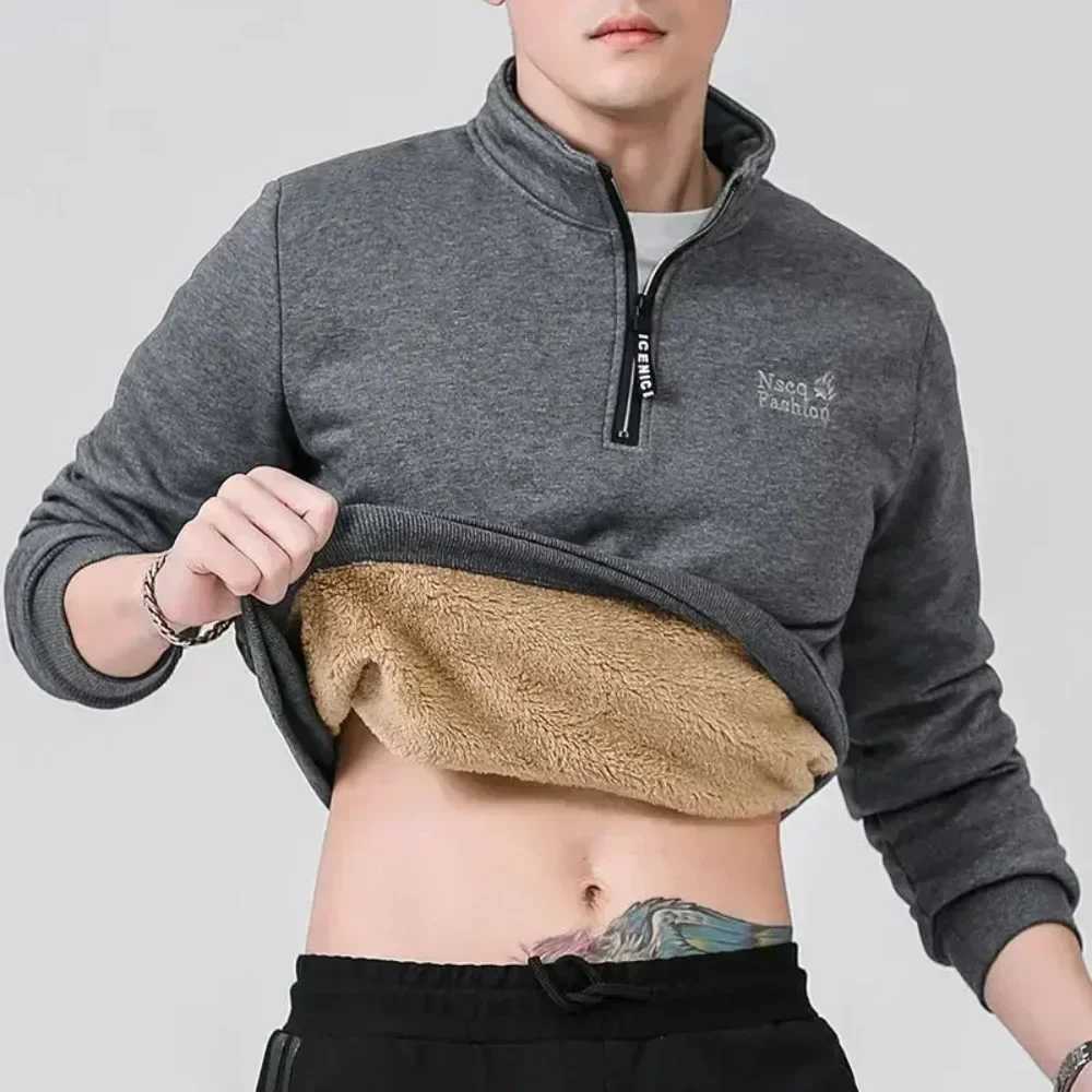 Winter sweatshirt mens long sleeved mens wool lined warm sweatshirt solid color quarter zip sweatshirt thick Plus size 8XL W250207
