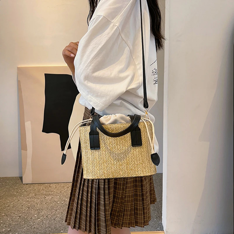 Womens Leisure Grass Woven Handbag Drawstring Bucket Shoulder Crossbody Bag FemaleTravel Bohemian Vacation Beach Bag 250207