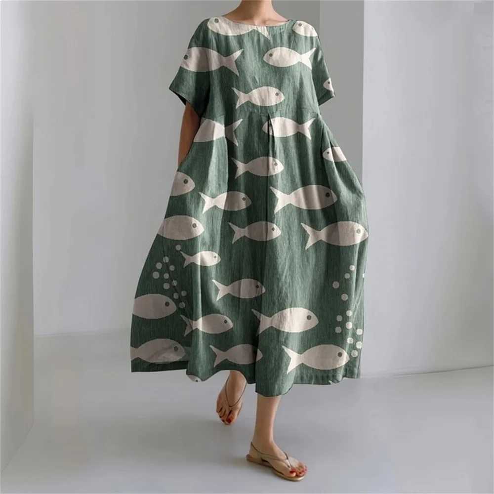 2024 New Fashion Buds Print Short Sve Long Skirt Ladies Large Size Round Neck Pocket Dress Ladies Casual Ele DressXJ2500207