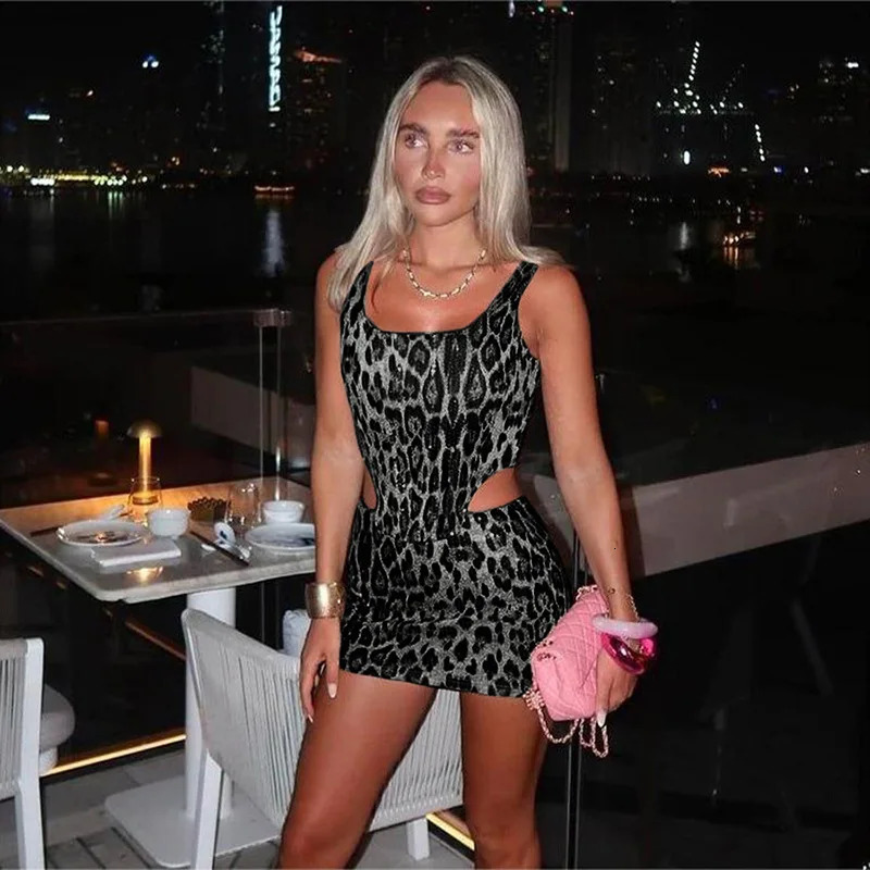 Leopard Print Sequin 2 Piece Set Backless Corset Top and Mini Skirt Sexy Club Outfits Women Summer Backless Skirt Tracksuits 250206