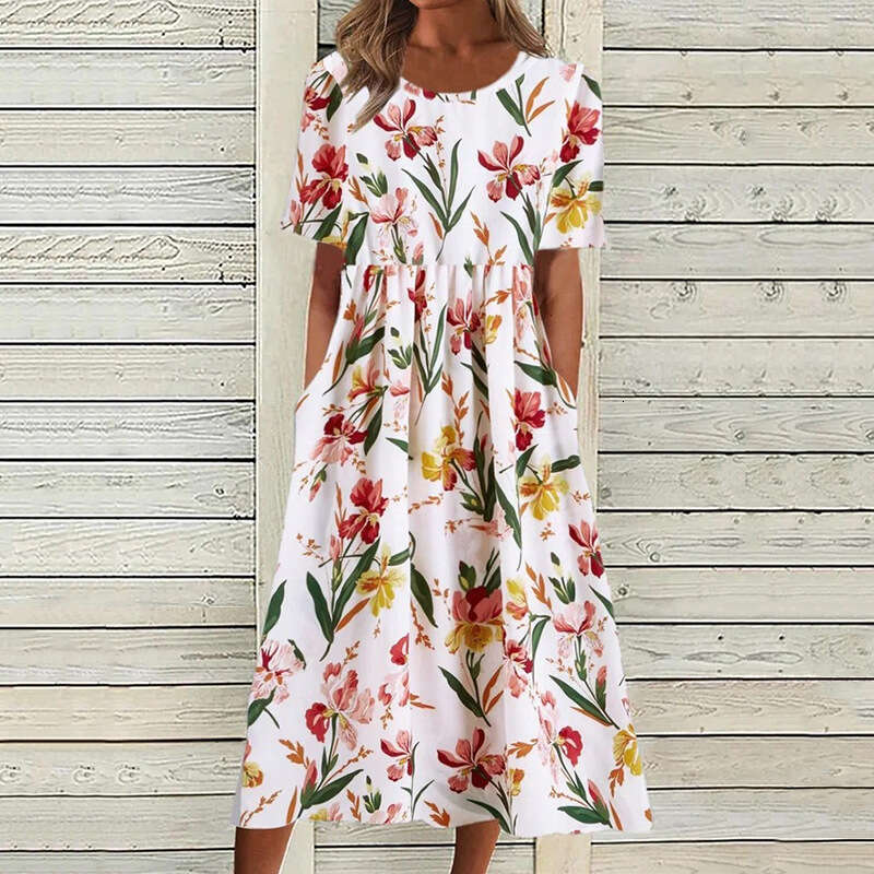 Summer Mid Waist Round Neck Printed Large Swing Women's Dress 2024 New Casual Fashion Trendy Clothing