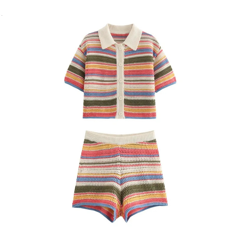TRAF ZR Short Set Woman Two Pieces Casual Elegant Prairie Chic Striped Patchwork Sets Summer Suit Sleeve 250206