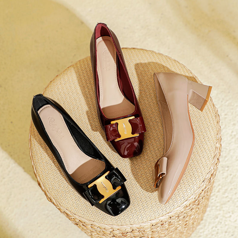 Square head chunky heels 2025 new wine red patent leather with skirt in the single shoes spring and summer all match gentle shoes