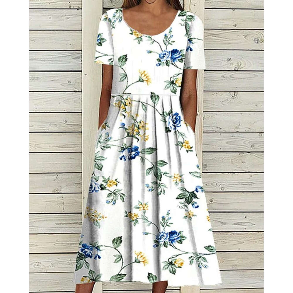 Summer Mid Waist Round Neck Printed Large Swing Women's Dress 2024 New Casual Fashion Trendy Clothing