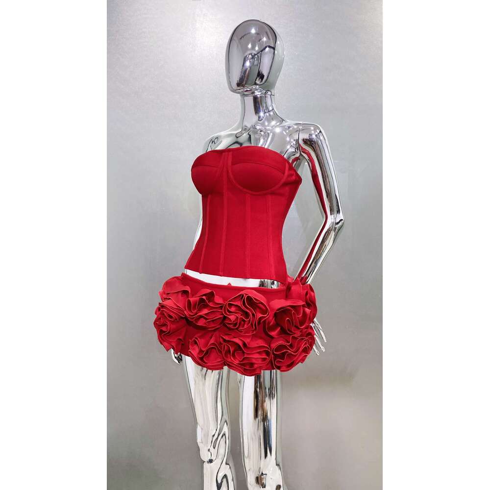 Dress Red Pink Color Women Sexy Strapless Laced-Up Bodycon Tops Rals Mini 2 Pieces Celebrate Christmas Evening Party Dress