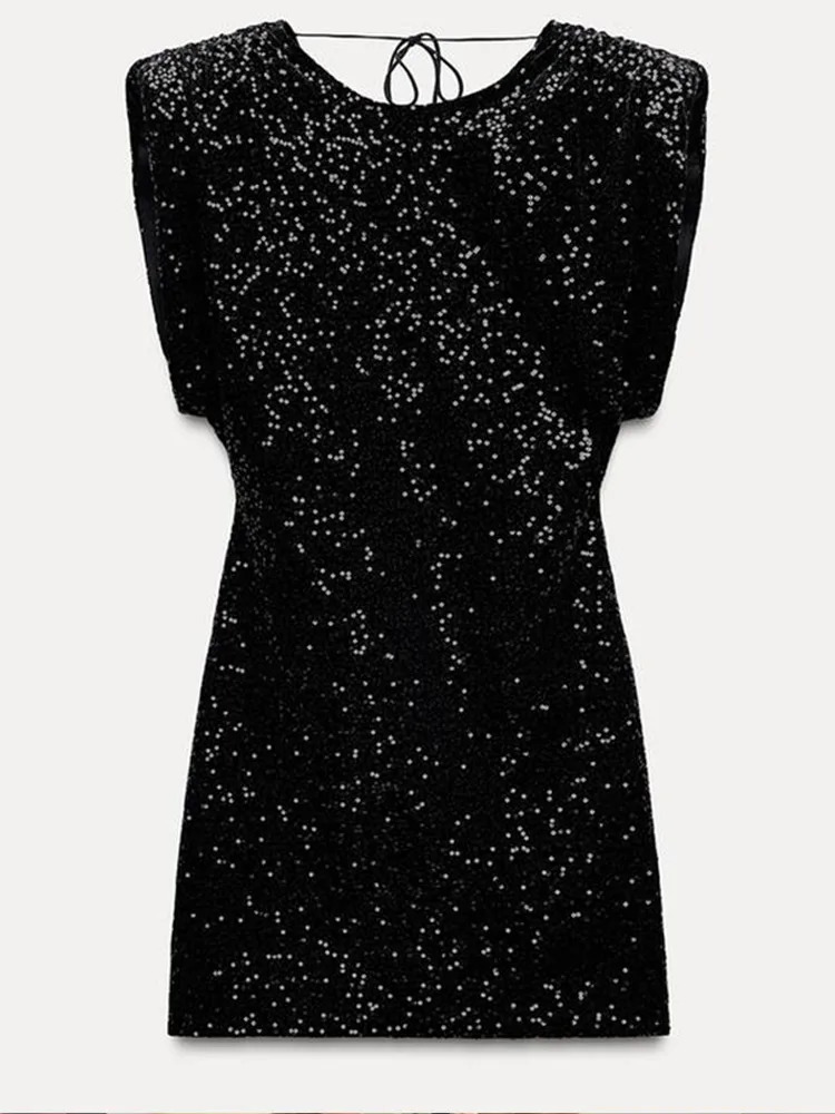 Black sleeveless sequined high waisted mini dress fashionable womens slim fit lace skirt 2024 autumn evening 250206
