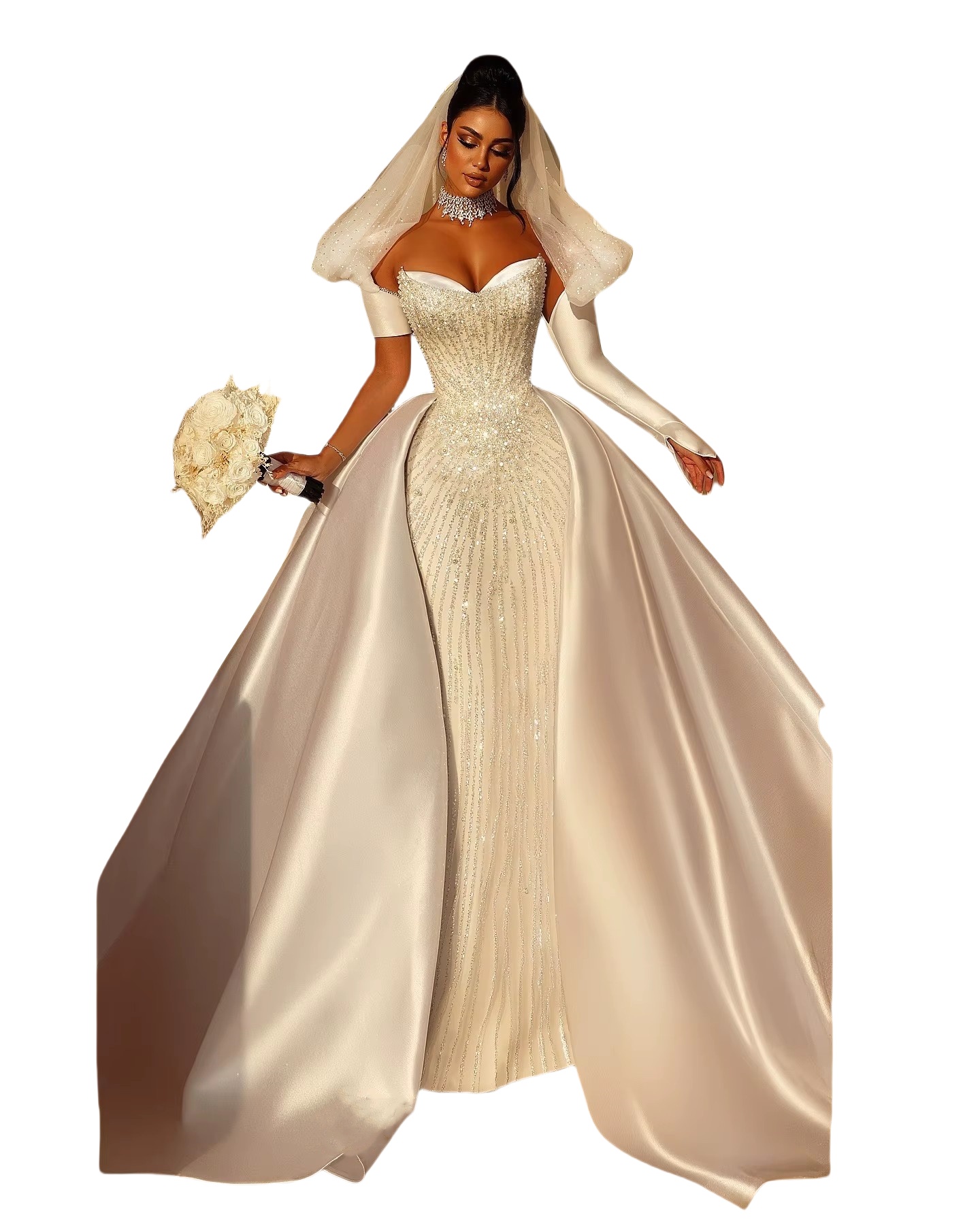 Exquisite Bridal Gowns Pearls Sequins Wedding Dress with Overskirts Custom Made Princess Strapless Sweep Train Bride Dresses Vestido de novia
