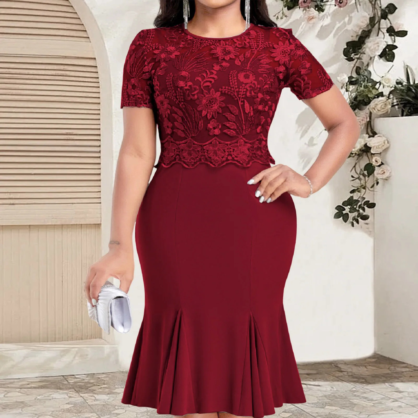 Womens Plus Size Dresses Round Neck Short Sleeves Bodycon Dress Vintage Cocktail Party Dress 250207