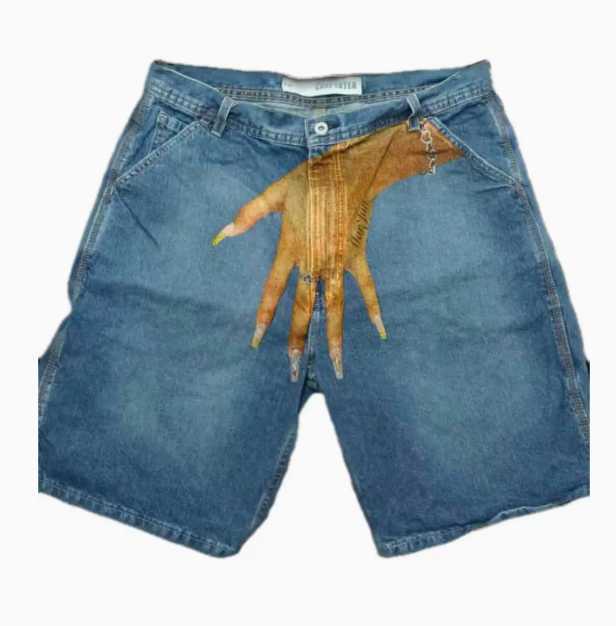 Retro hip-hop blue Baggy hand print men denim shorts Y2K Gothic Harajuku sports pants basketball shorts long pantsX240914
