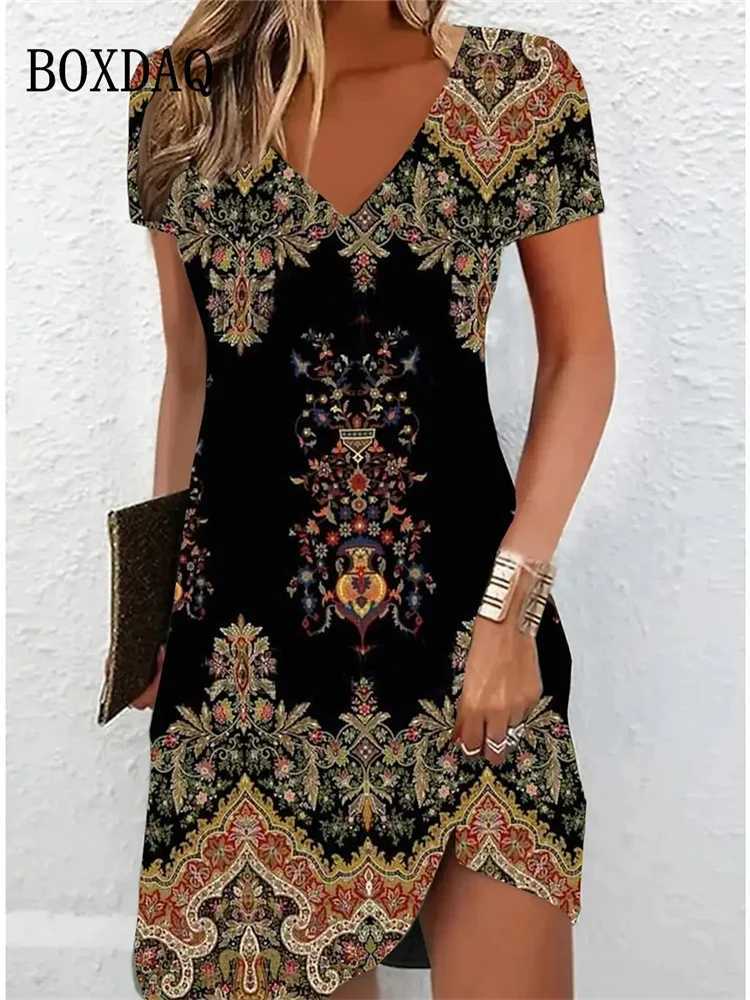 Vintage Women Midi Dresses For 2024 Ethnic Style Floral Print Loose Dress Plus Size Casual Short Sve Pullover V-Neck DressXJ2500207