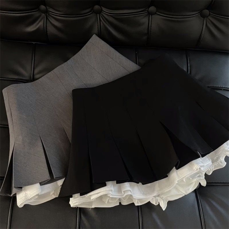 MEXZT Y2K Ruffles Black Mini Skirt Women Korean Patchwork Pleated Skirts Japanese Kawaii High Waist All Match A Line Skirt 250206